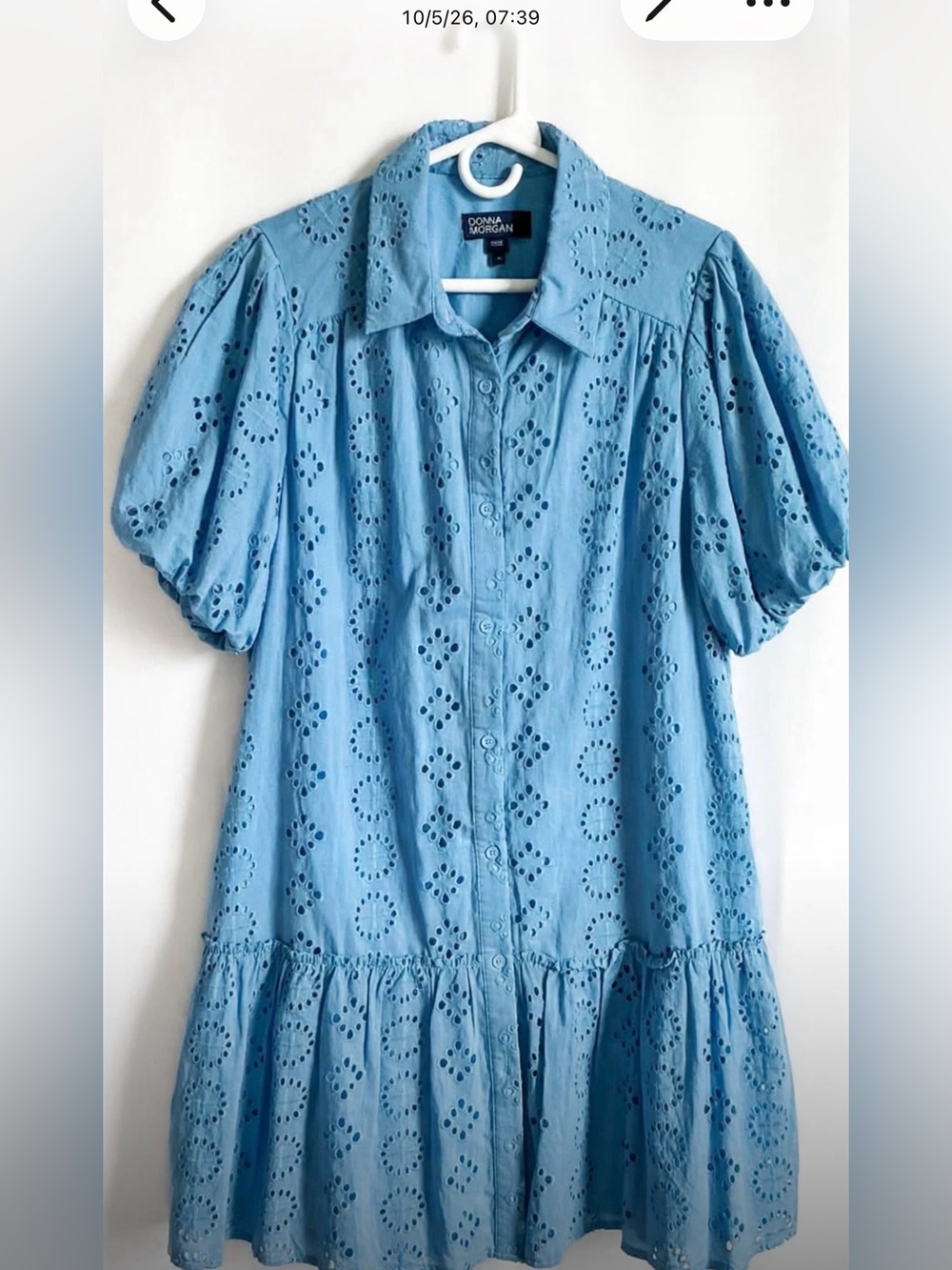 Donna Morgan Light Blue Eyelet Button-Down Puff Sleeve Tunic size 14